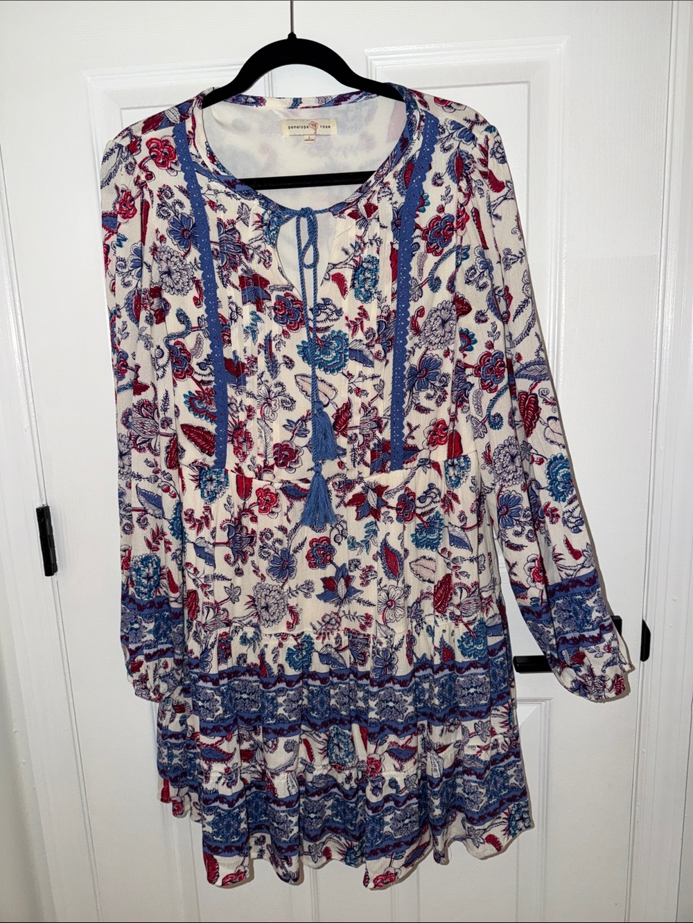 Boho Tie-Neck Long Sleeve Dress in Cream with Blue & Red Floral
